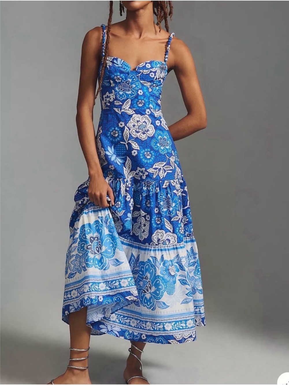 FARM Rio Blue Full Of Flowers Organic Cotton Midi Dress. Medium. NWT